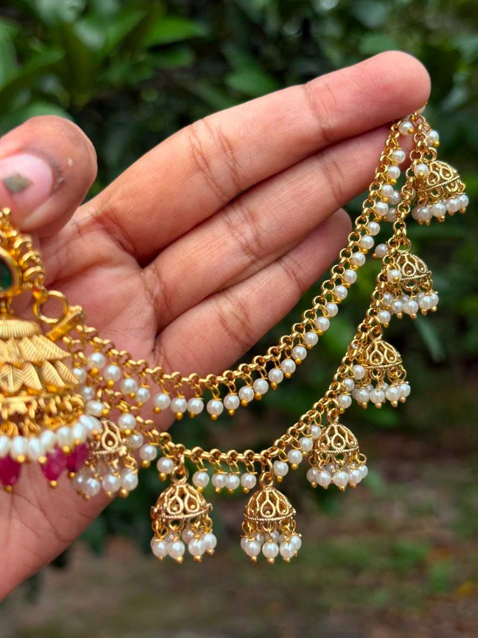 EC009 White Pearl 2 layer with hanging small jhumka ear chain