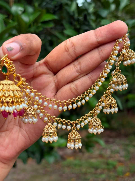 EC009 White Pearl 2 layer with hanging small jhumka ear chain