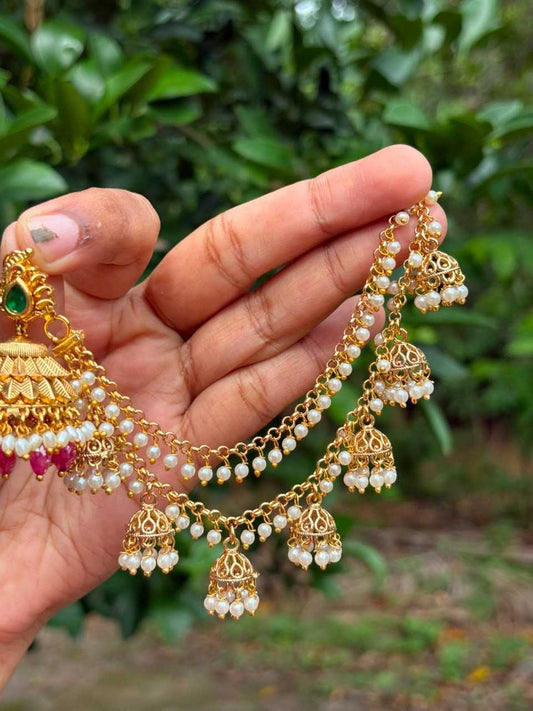 EC009 White Pearl 2 layer with hanging small jhumka ear chain