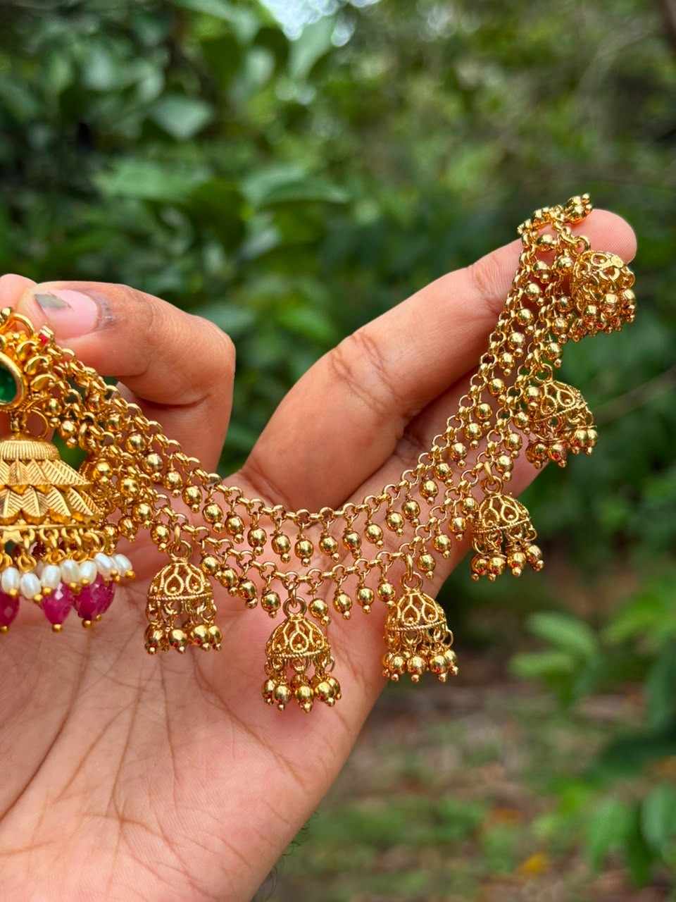 EC008 Gold Bead 2 layer with hanging small jhumka ear chain