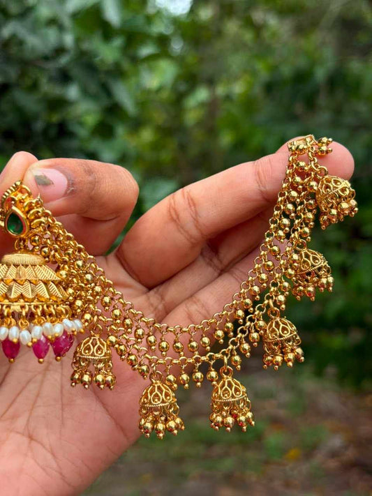 EC008 Gold Bead 2 layer with hanging small jhumka ear chain
