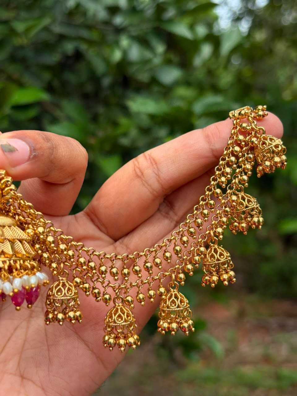 EC008 Gold Bead 2 layer with hanging small jhumka ear chain