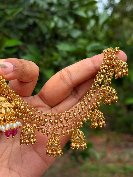 EC008 Gold Bead 2 layer with hanging small jhumka ear chain