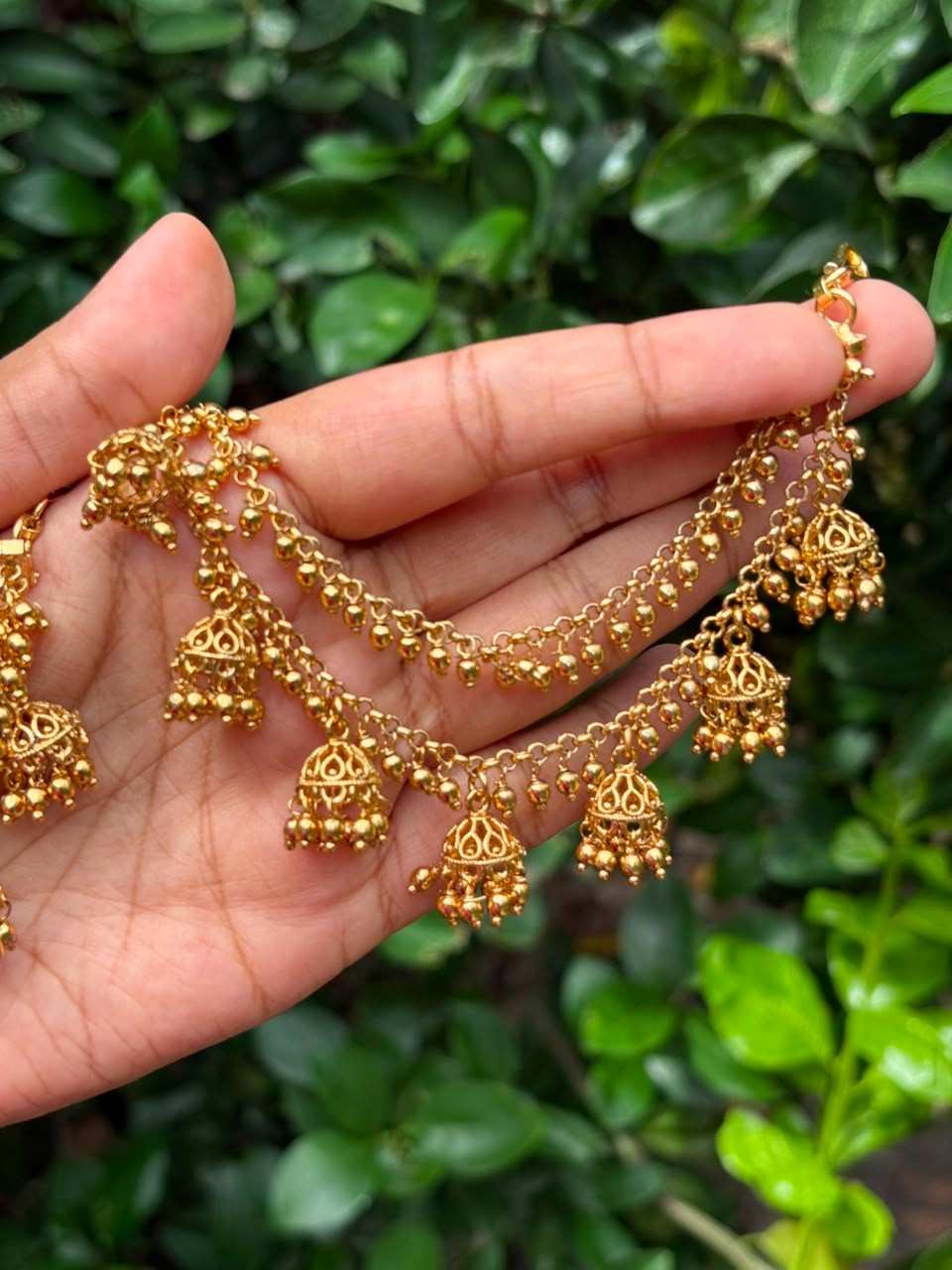 EC008 Gold Bead 2 layer with hanging small jhumka ear chain
