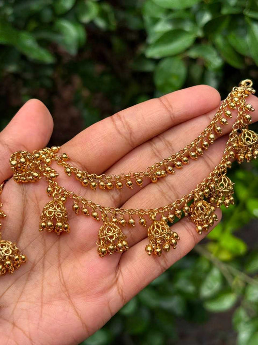 EC008 Gold Bead 2 layer with hanging small jhumka ear chain