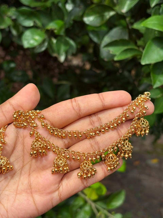 EC008 Gold Bead 2 layer with hanging small jhumka ear chain