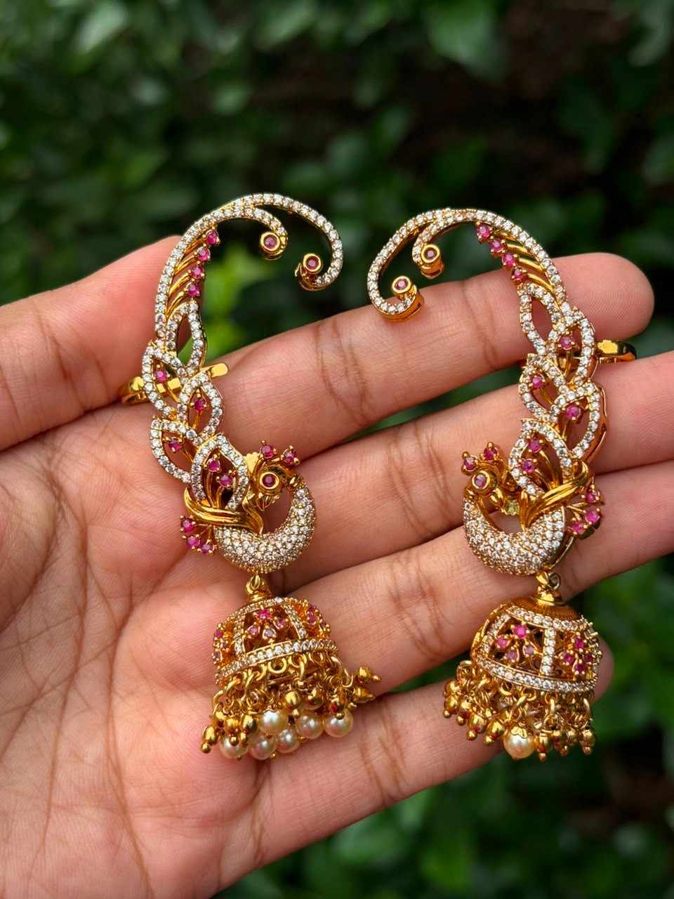 J0192 Peacock Earcuff ruby stone  jhumka