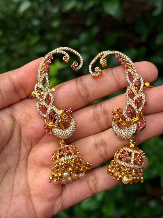 J0192 Peacock Earcuff ruby stone  jhumka