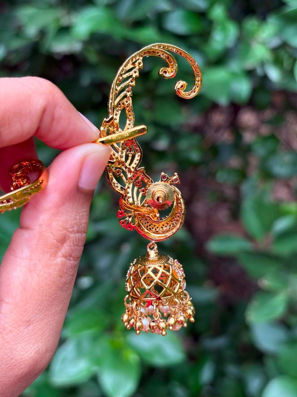 J0192 Peacock Earcuff ruby stone  jhumka