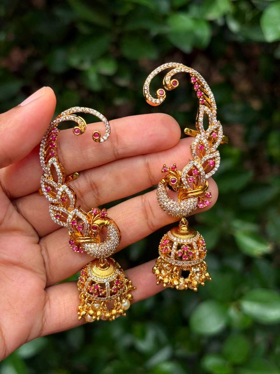 J0192 Peacock Earcuff ruby stone  jhumka
