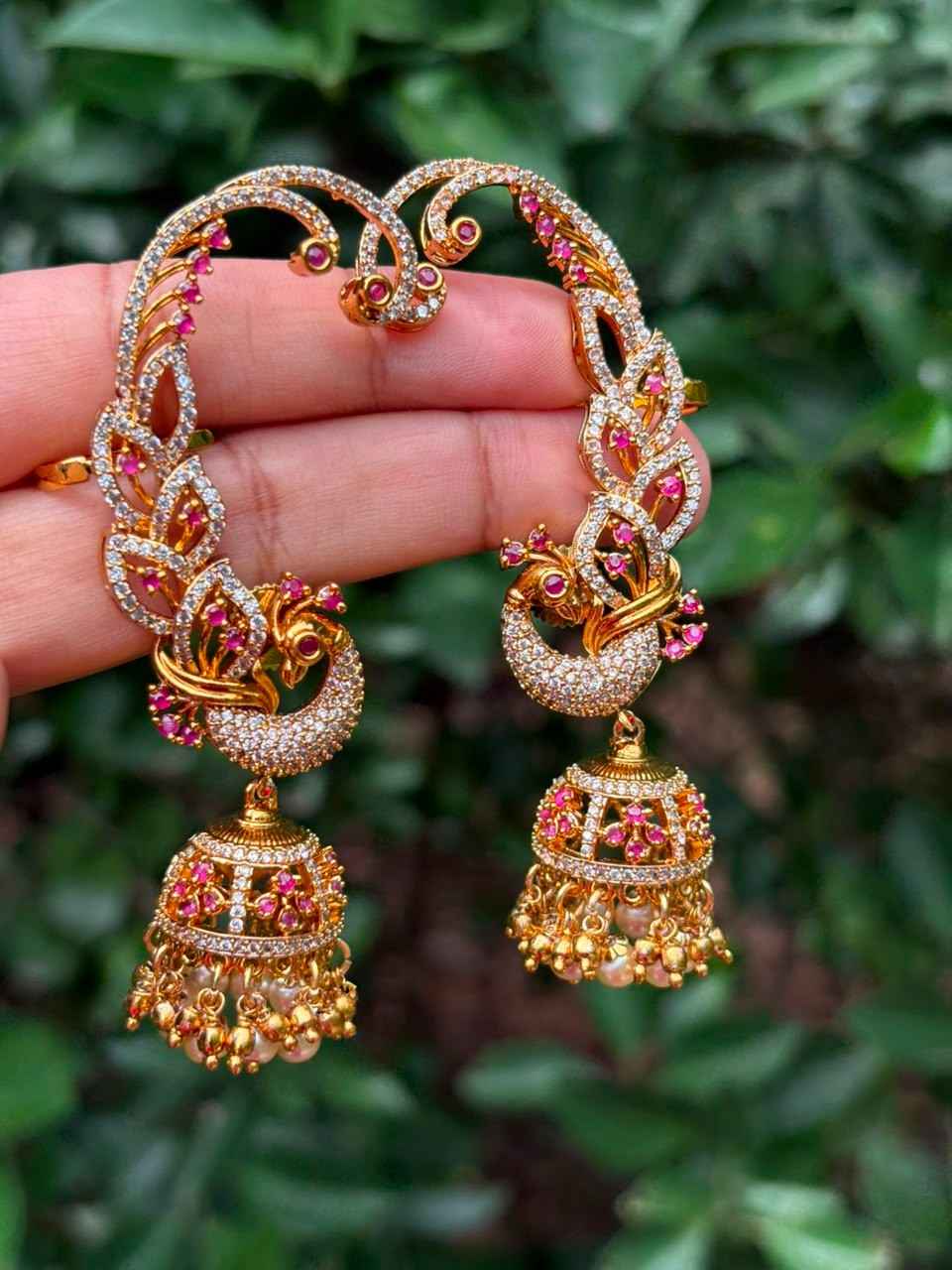 J0192 Peacock Earcuff ruby stone  jhumka