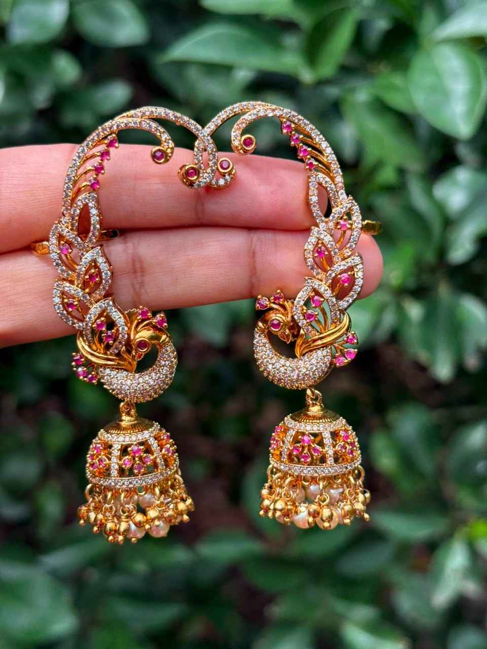 J0192 Peacock Earcuff ruby stone  jhumka