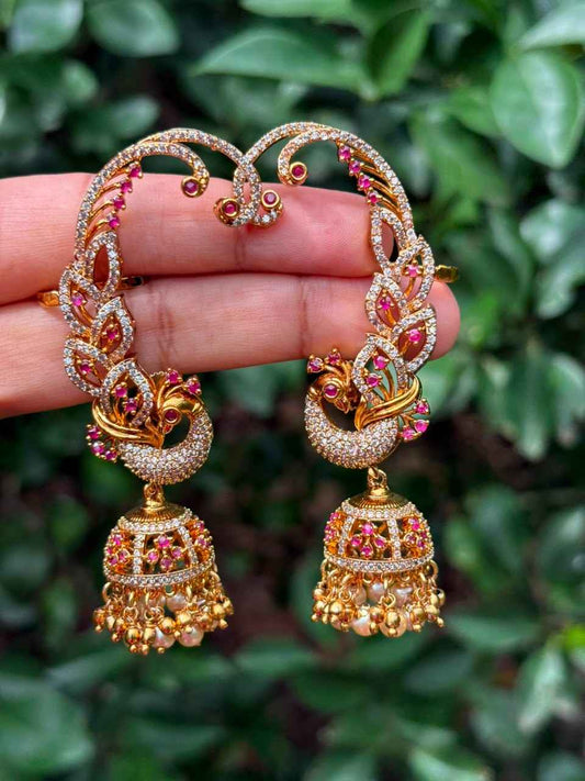 J0192 Peacock Earcuff ruby stone  jhumka