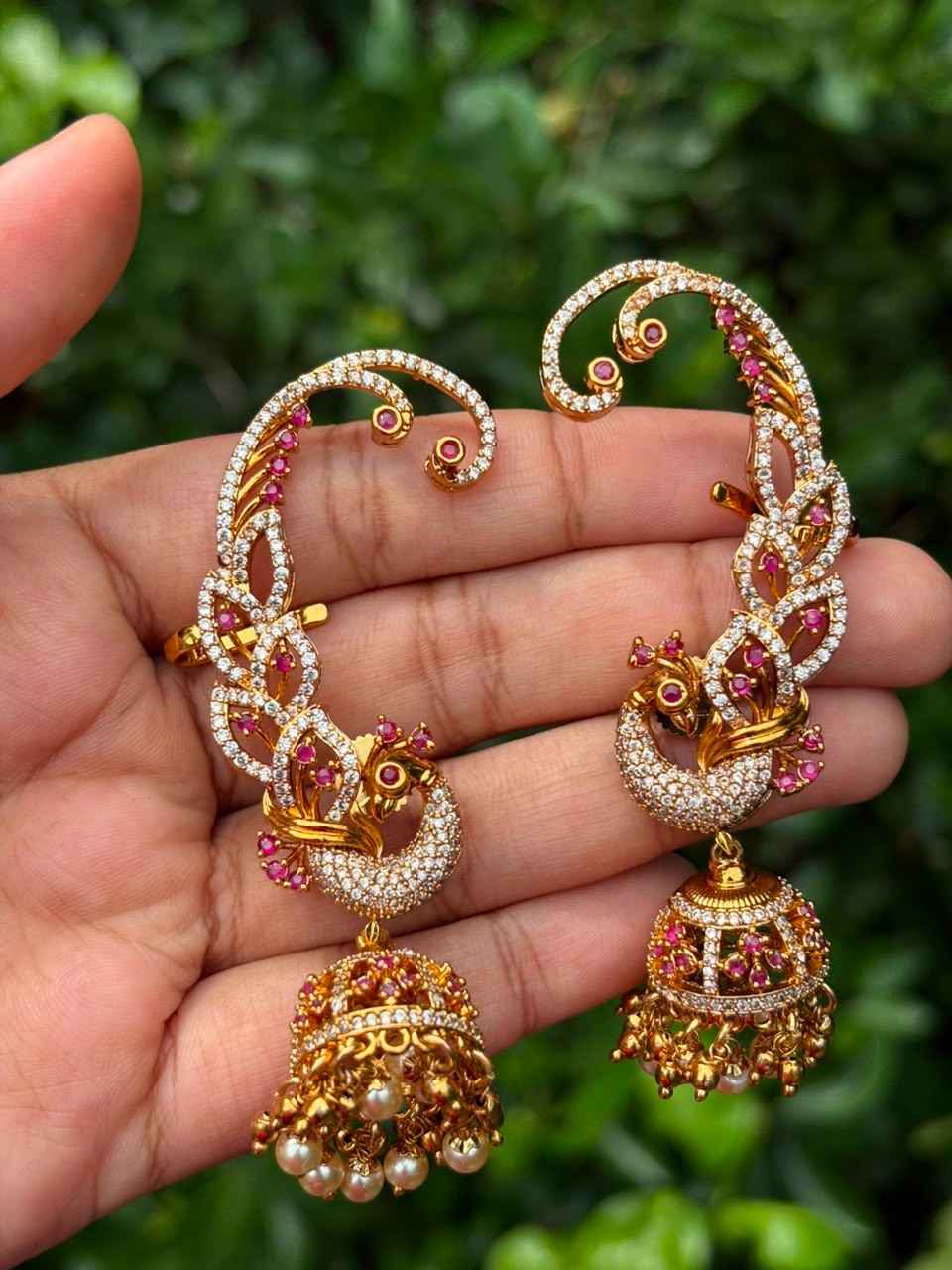 J0192 Peacock Earcuff ruby stone  jhumka