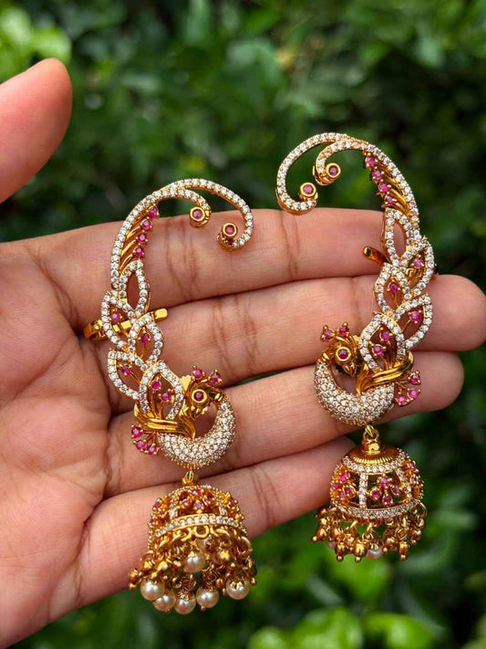 J0192 Peacock Earcuff ruby stone  jhumka
