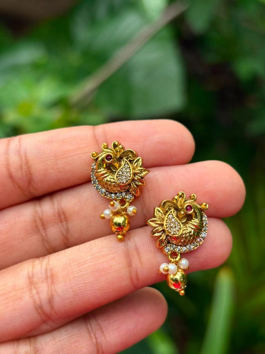 J0195 Peacock Stud with White stone & Gold Bead Hanging