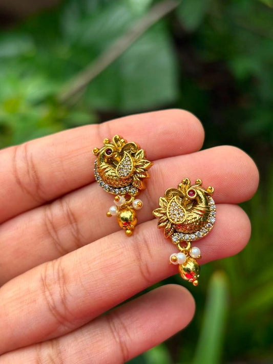 J0195 Peacock Stud with White stone & Gold Bead Hanging