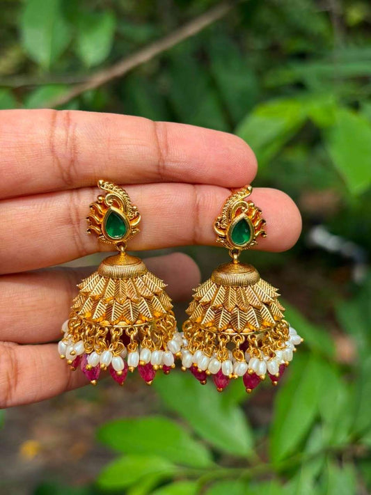 J0197 Premium Leaf Pattern Jhumka With pink Crystal hanging