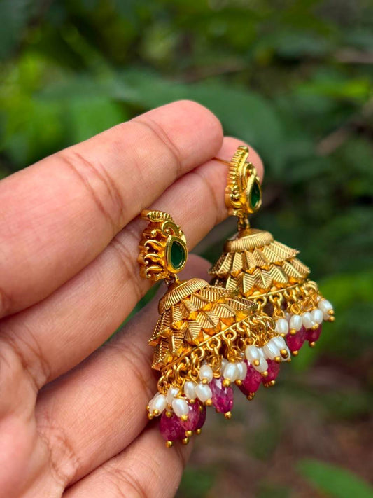 J0197 Premium Leaf Pattern Jhumka With pink Crystal hanging
