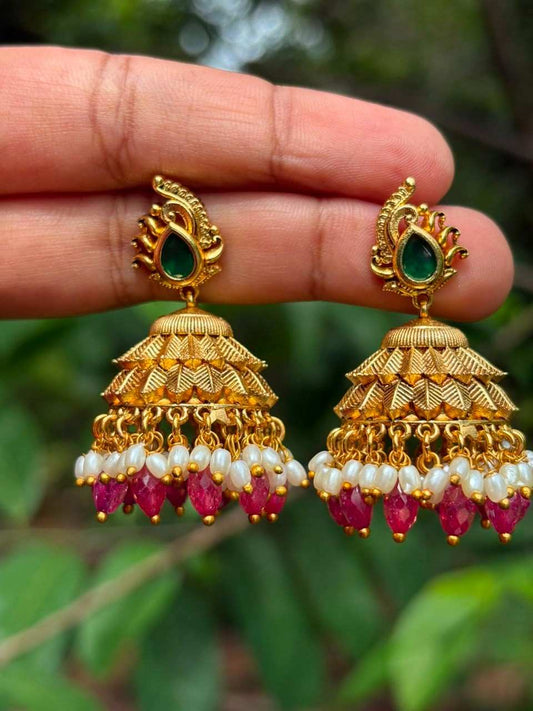 J0197 Premium Leaf Pattern Jhumka With pink Crystal hanging