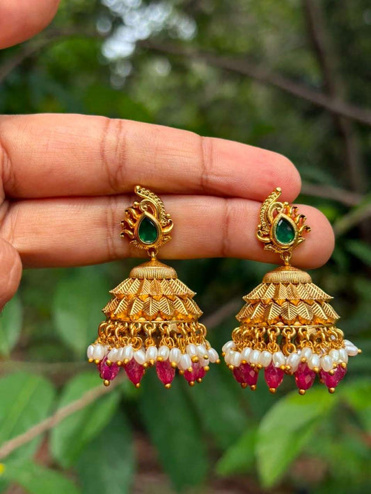 J0197 Premium Leaf Pattern Jhumka With pink Crystal hanging