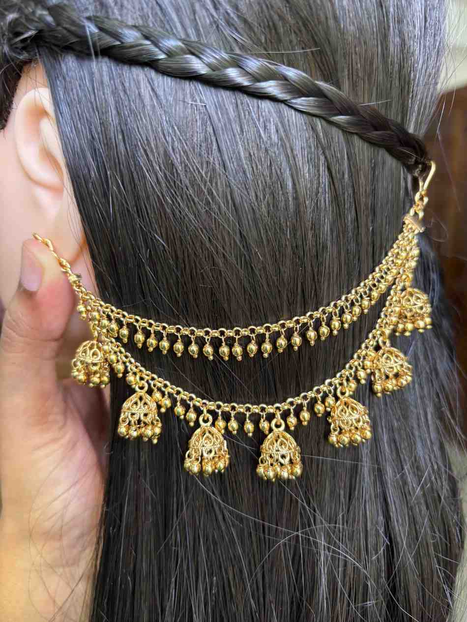 EC008 Gold Bead 2 layer with hanging small jhumka ear chain