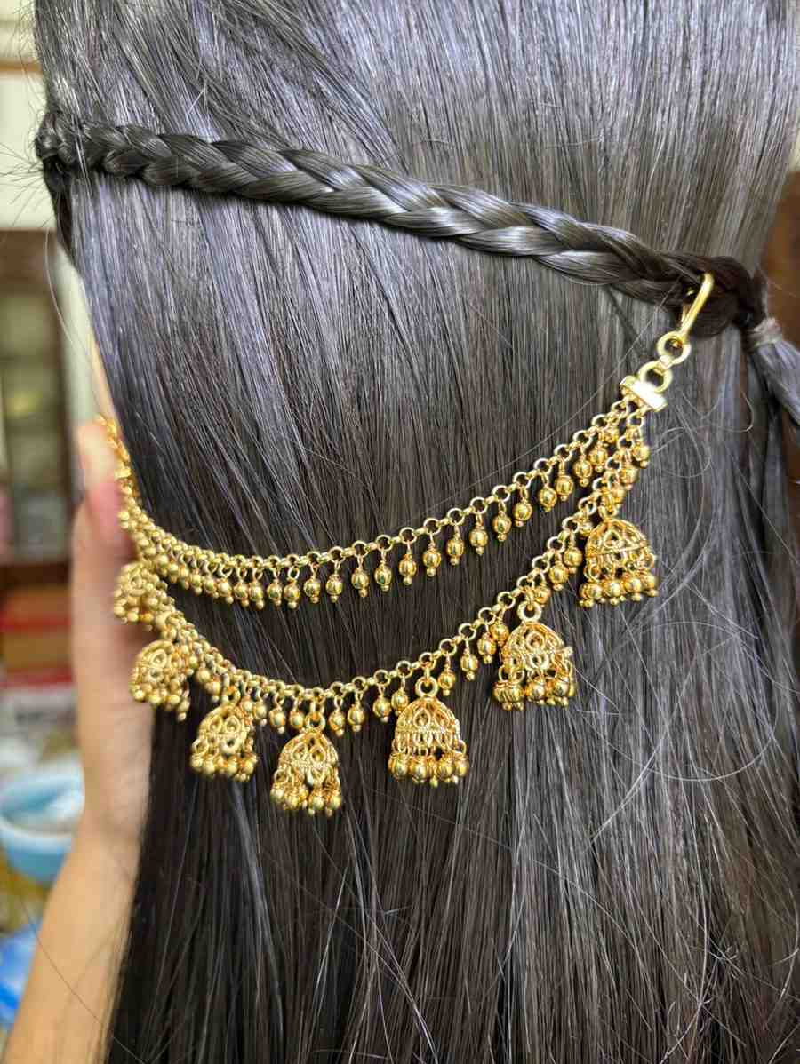 EC008 Gold Bead 2 layer with hanging small jhumka ear chain