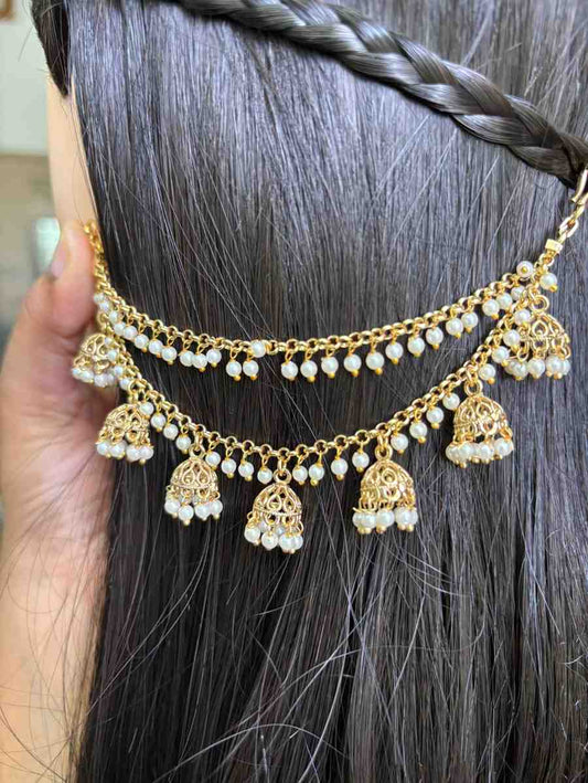 EC009 White Pearl 2 layer with hanging small jhumka ear chain