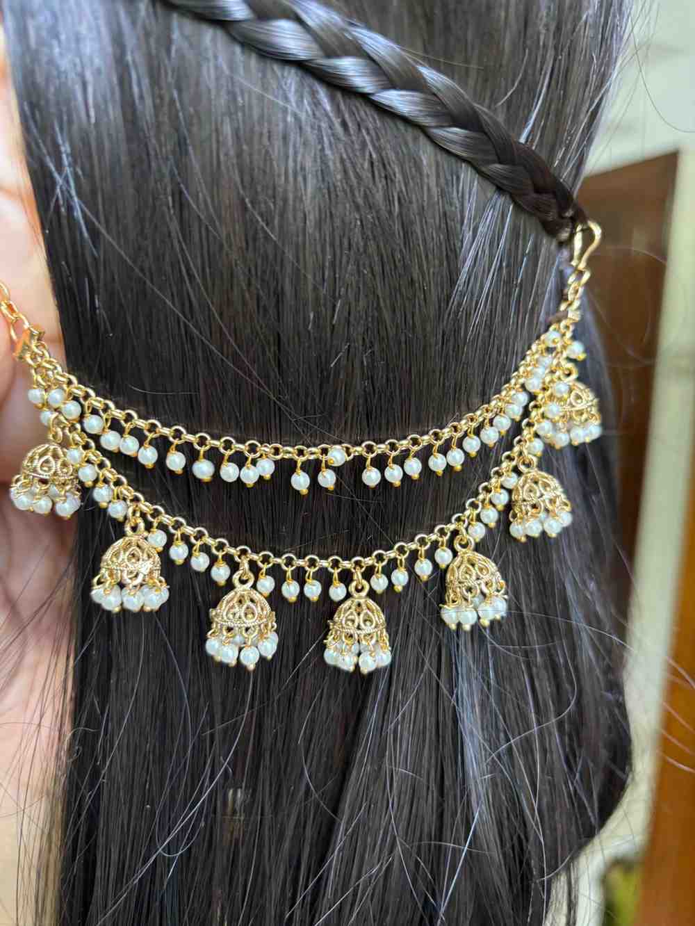 EC009 White Pearl 2 layer with hanging small jhumka ear chain