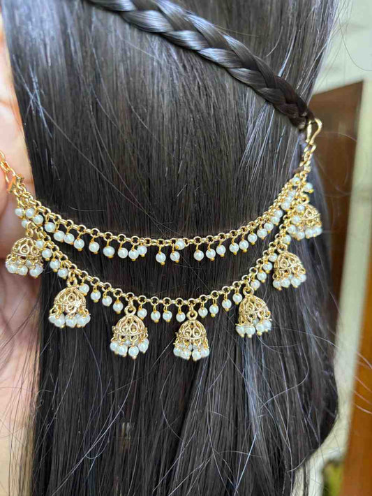 EC009 White Pearl 2 layer with hanging small jhumka ear chain