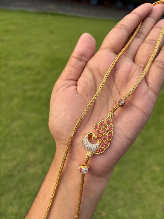 C019 Peacock Pattern Ruby Stone Mogappu 26 inch chain