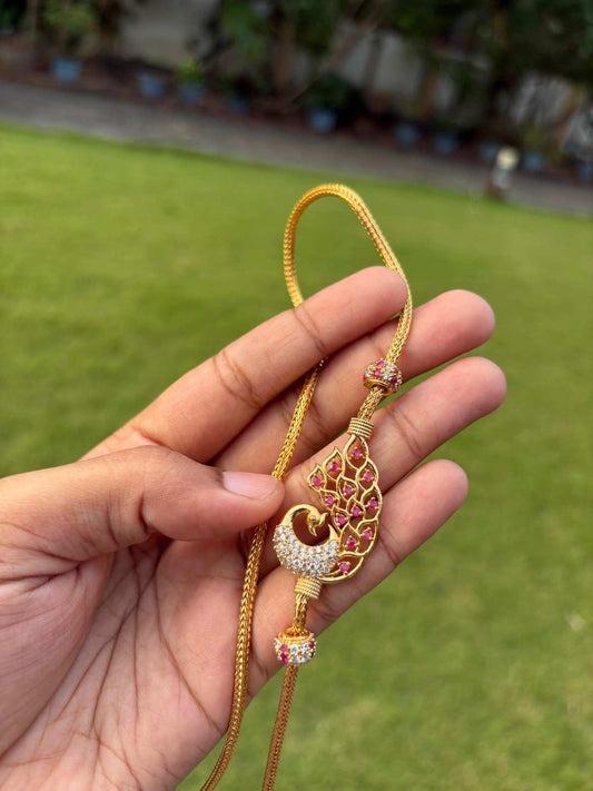 C019 Peacock Pattern Ruby Stone Mogappu 26 inch chain