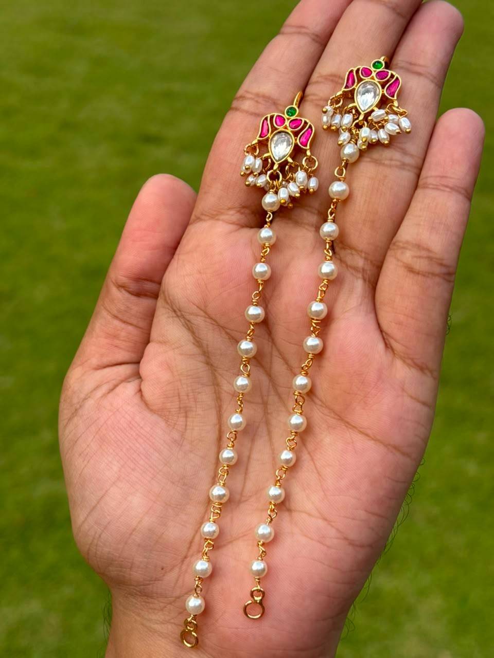 EC021 Jadau kundan pearl ear chain