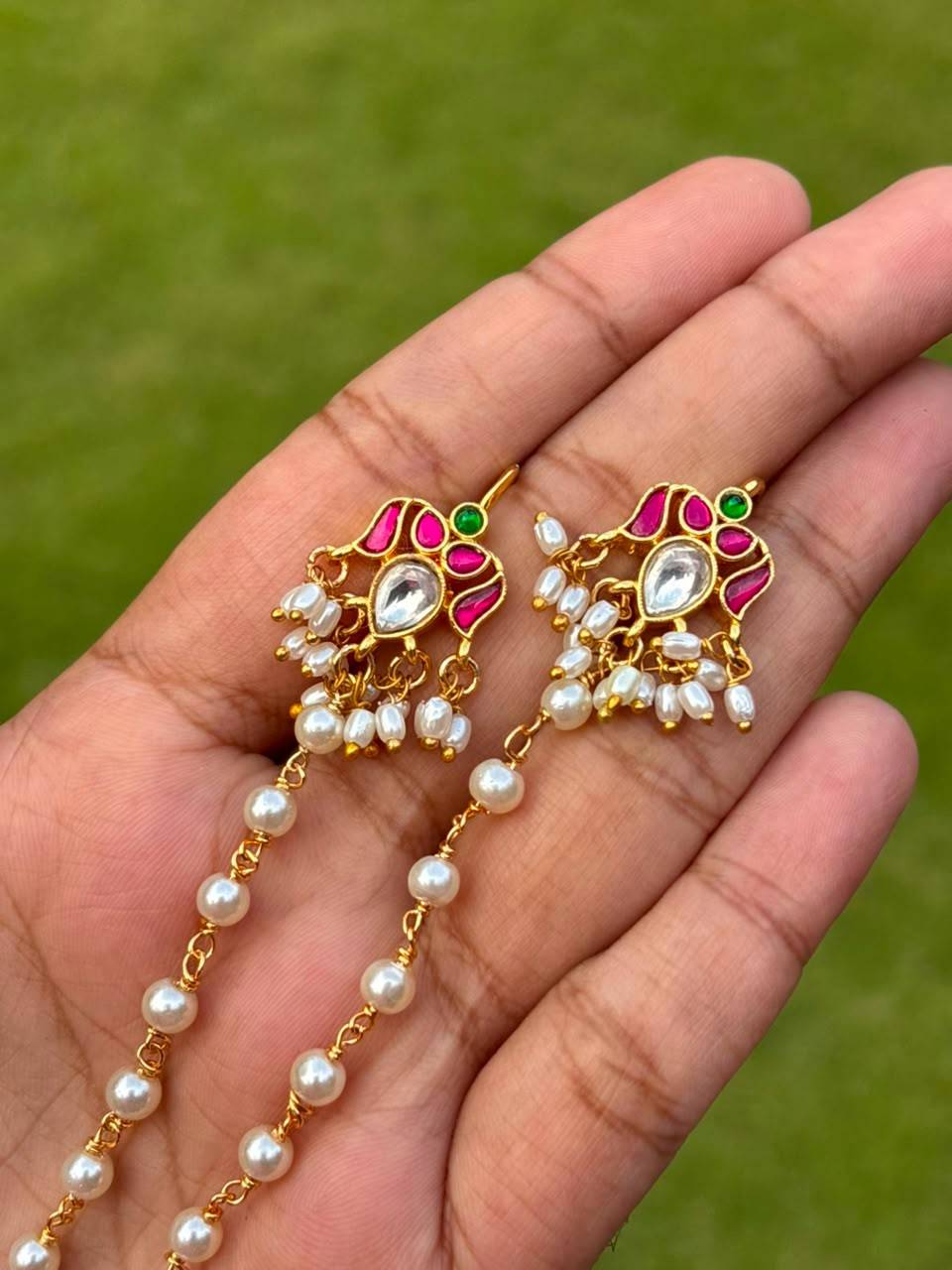 EC021 Jadau kundan pearl ear chain
