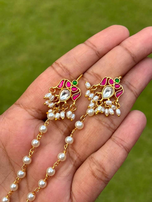 EC021 Jadau kundan pearl ear chain
