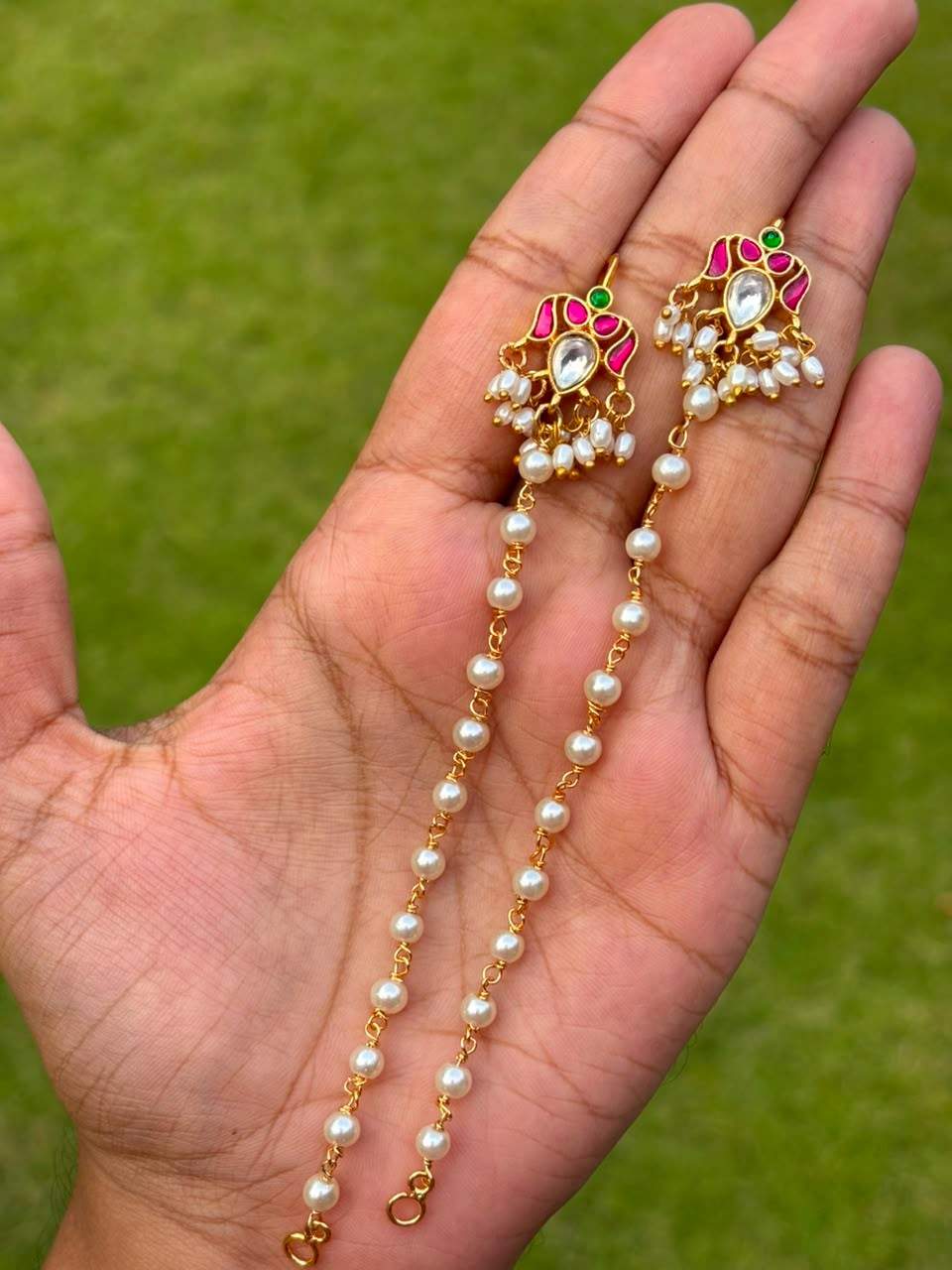 EC021 Jadau kundan pearl ear chain