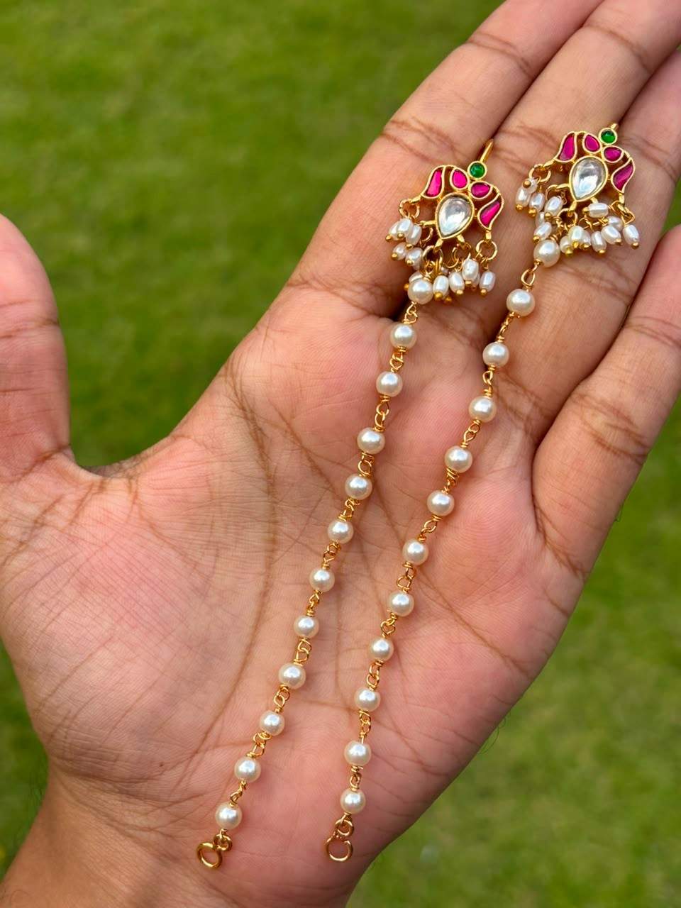 EC021 Jadau kundan pearl ear chain