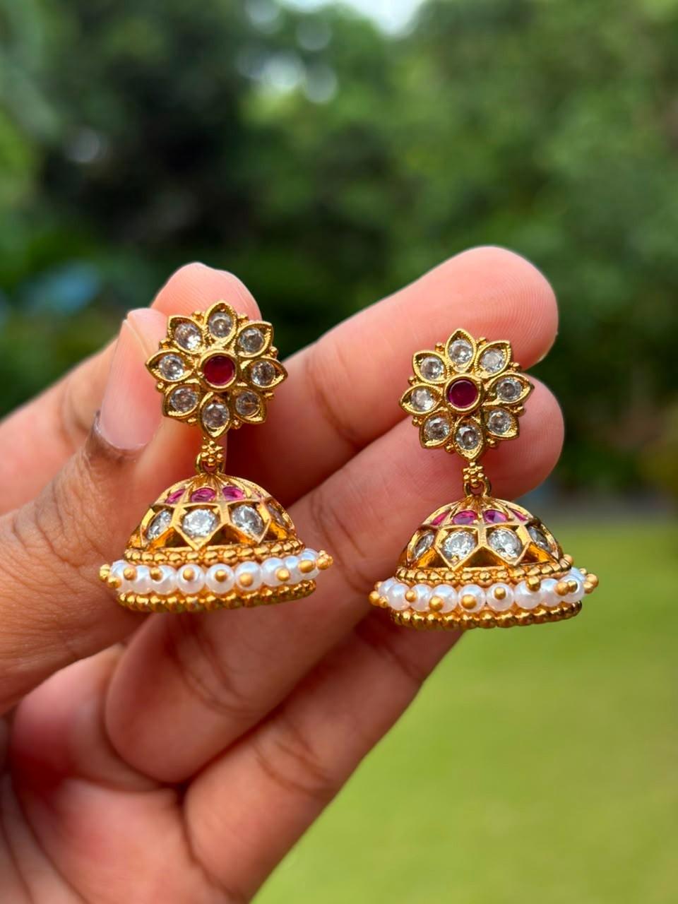 J0088 Traditional White Stone Small Size Floral pin type push back Jhumka