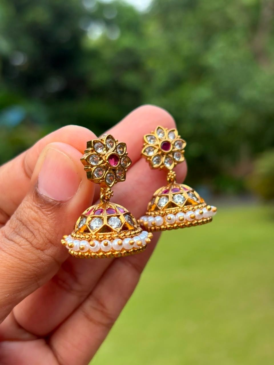 J0088 Traditional White Stone Small Size Floral pin type push back Jhumka