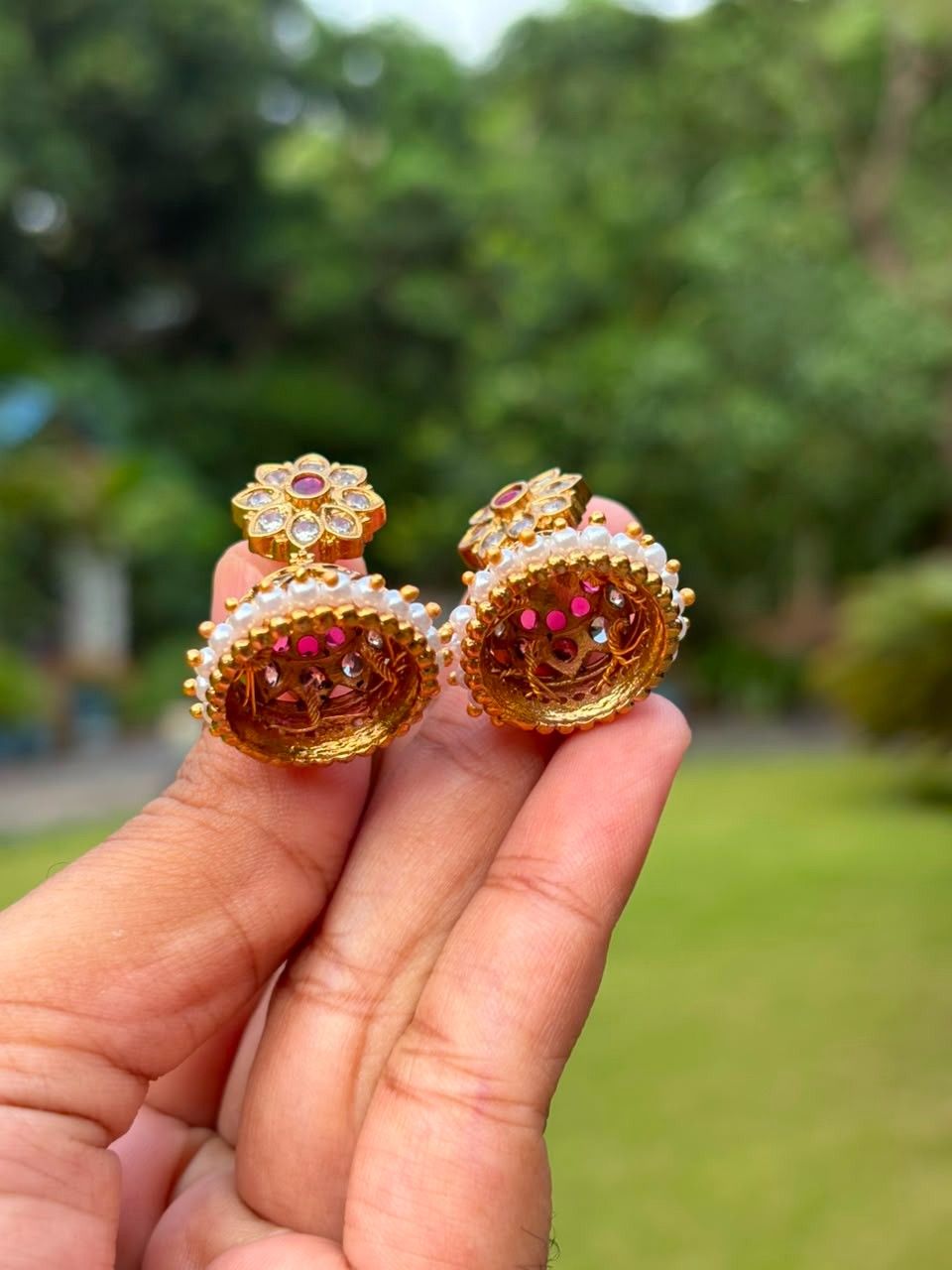 J0088 Traditional White Stone Small Size Floral pin type push back Jhumka