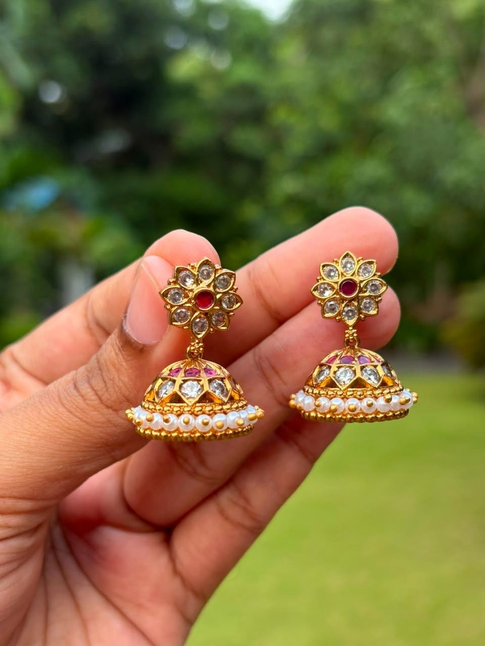 J0088 Traditional White Stone Small Size Floral pin type push back Jhumka