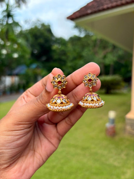 J0088 Traditional White Stone Small Size Floral pin type push back Jhumka