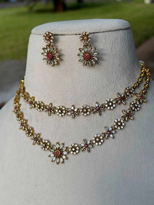 N0319 Two Layer Stone Floral necklace