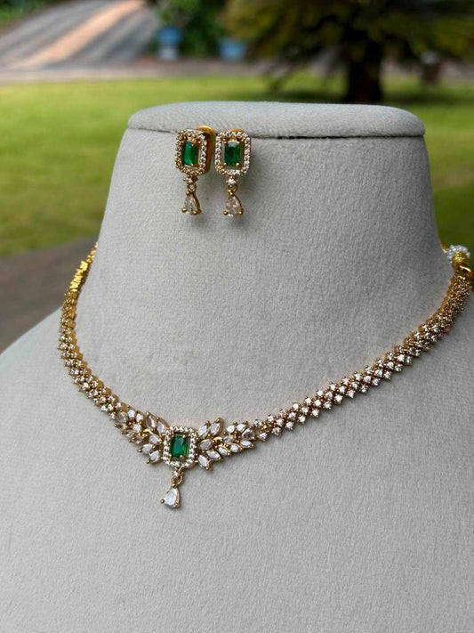 N0114 AD Diamonds Stone Necklace With Emerald Green Stone