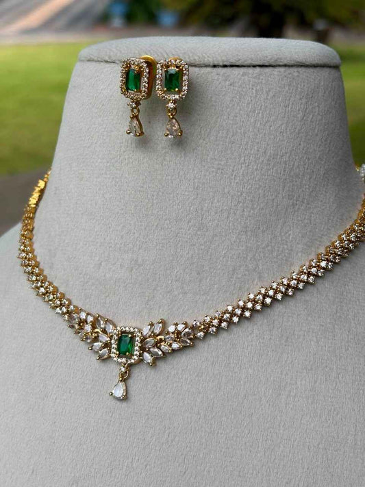 N0114 AD Diamonds Stone Necklace With Emerald Green Stone