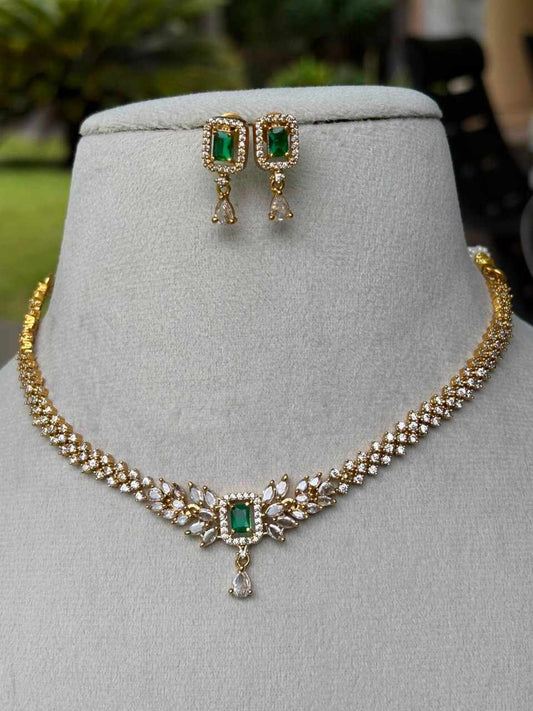 N0114 AD Diamonds Stone Necklace With Emerald Green Stone