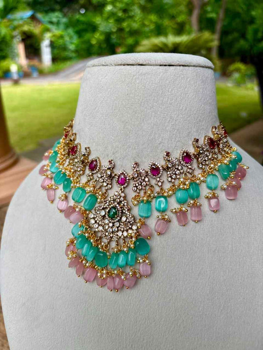 N0151 Premium Quality Stone Necklace Statement piece Parrot Motif on it unique design with Pastel Bead Hanging