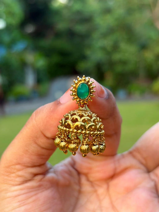 J0214 Small Size Jhumka with Green stone