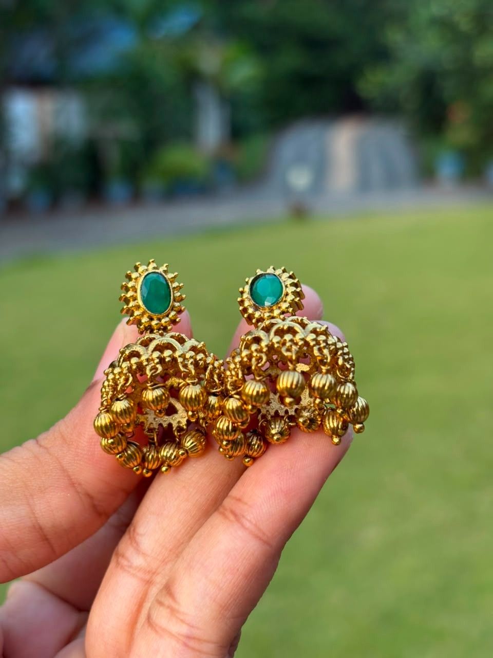 J0214 Small Size Jhumka with Green stone