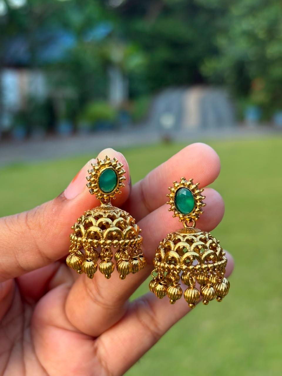 J0214 Small Size Jhumka with Green stone